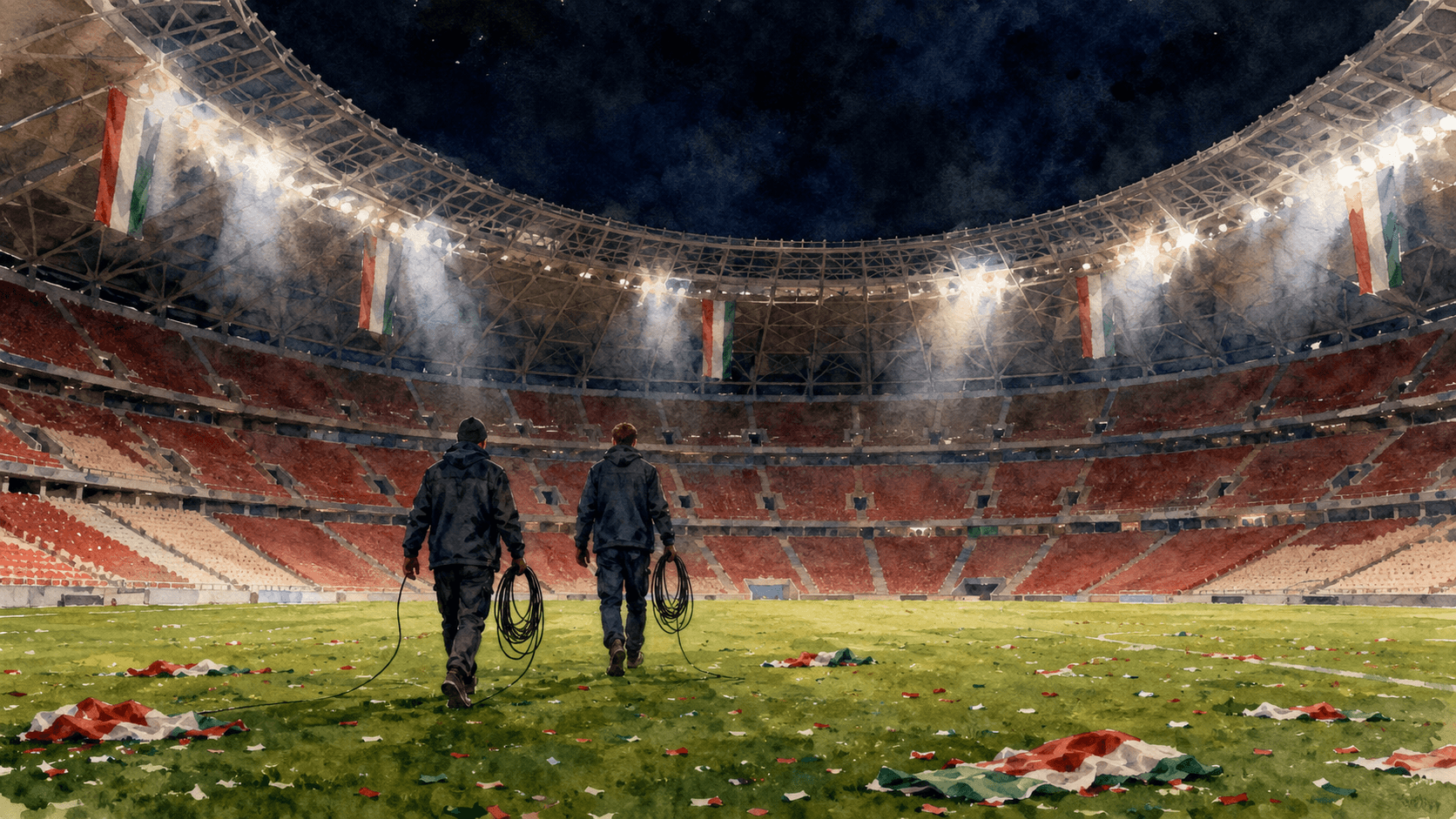 Empty Puskás Aréna at night after the final whistle, two crew walking off the pitch with coiled cables, Hungarian flags hanging from the roof
