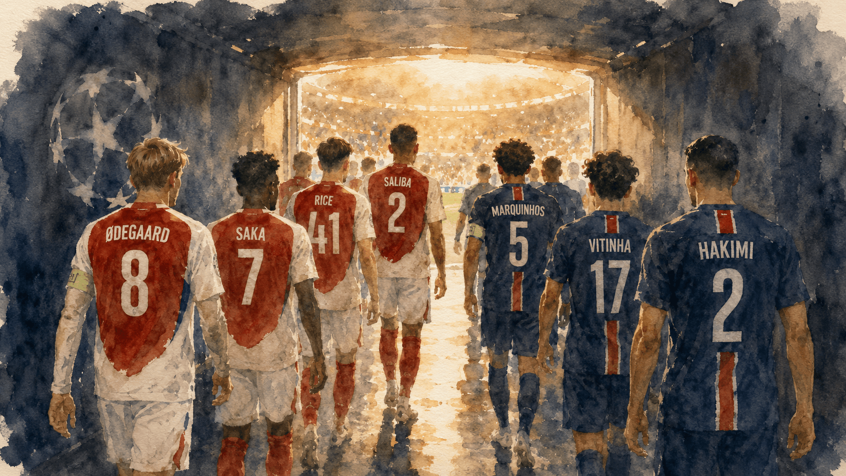 Arsenal and Paris Saint-Germain players walking out of the tunnel onto the Puskás Aréna pitch — Ødegaard, Saka, Rice, Saliba on the Arsenal side; Marquinhos, Vitinha, Hakimi on the PSG side