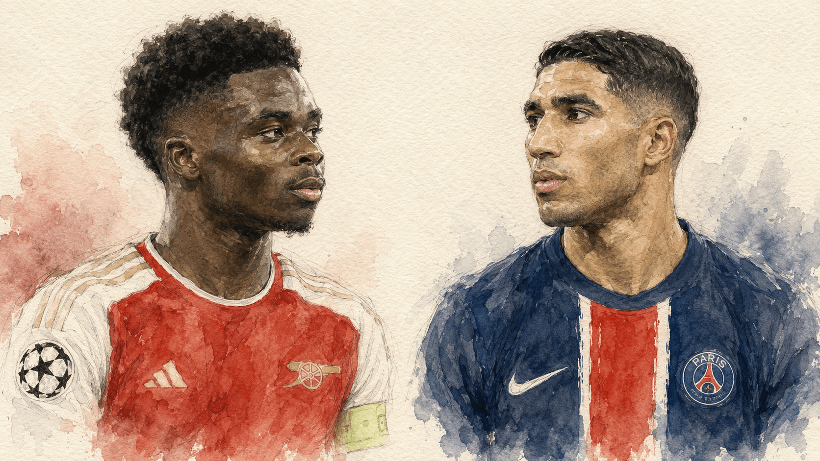 Watercolor portrait pair — Bukayo Saka in the Arsenal home kit and Achraf Hakimi in the PSG home kit, facing each other