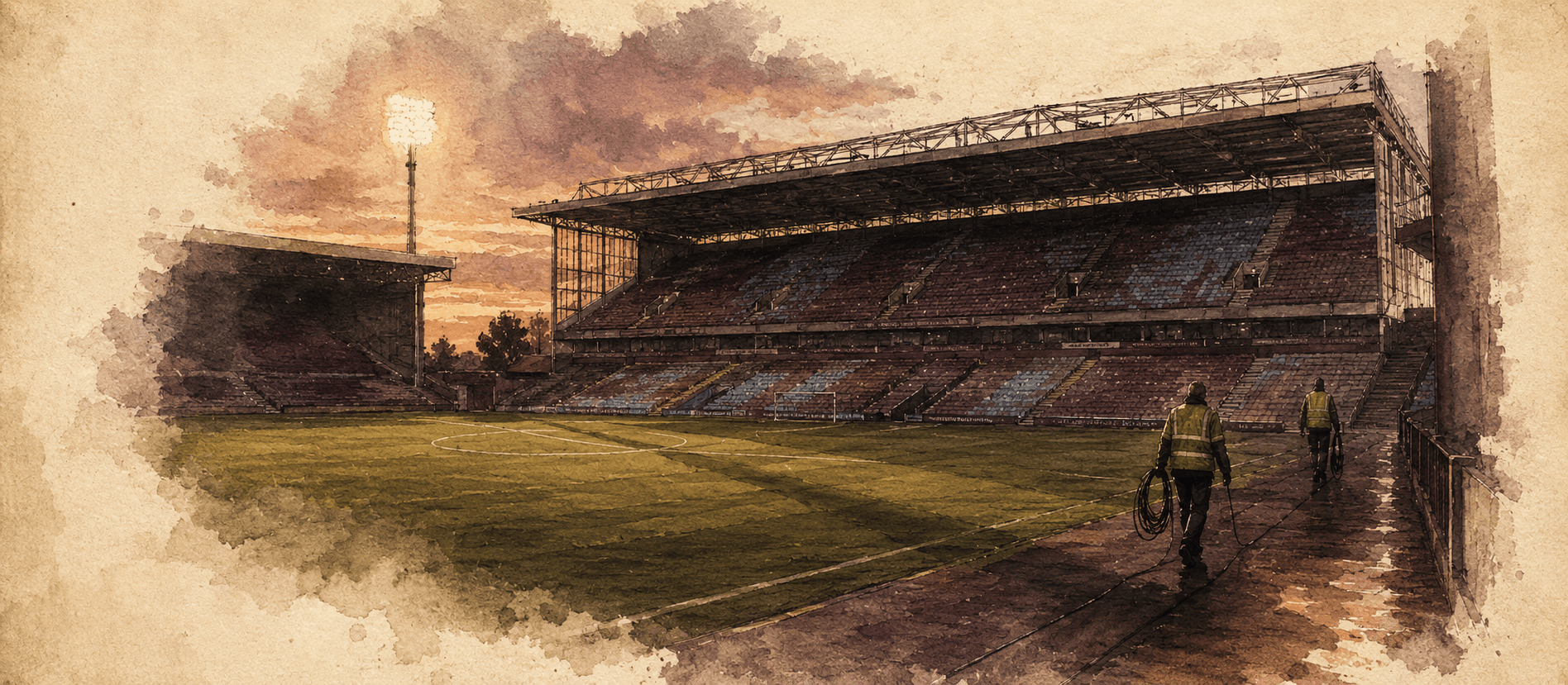 Villa Park at dusk after the final whistle, the Holte End mostly emptied, two stewards walking the pitch perimeter, late-spring shadows across the centre circle