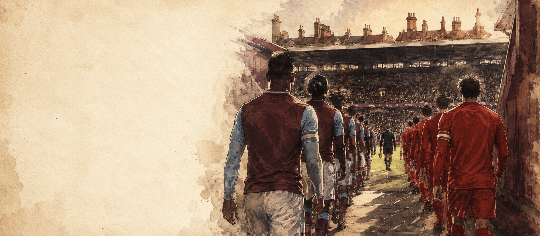 Aston Villa and Liverpool players walking out at Villa Park — Watkins, Rogers, McGinn on the Villa side; Salah, Van Dijk, Mac Allister on the Liverpool side, with the Holte End filling behind them