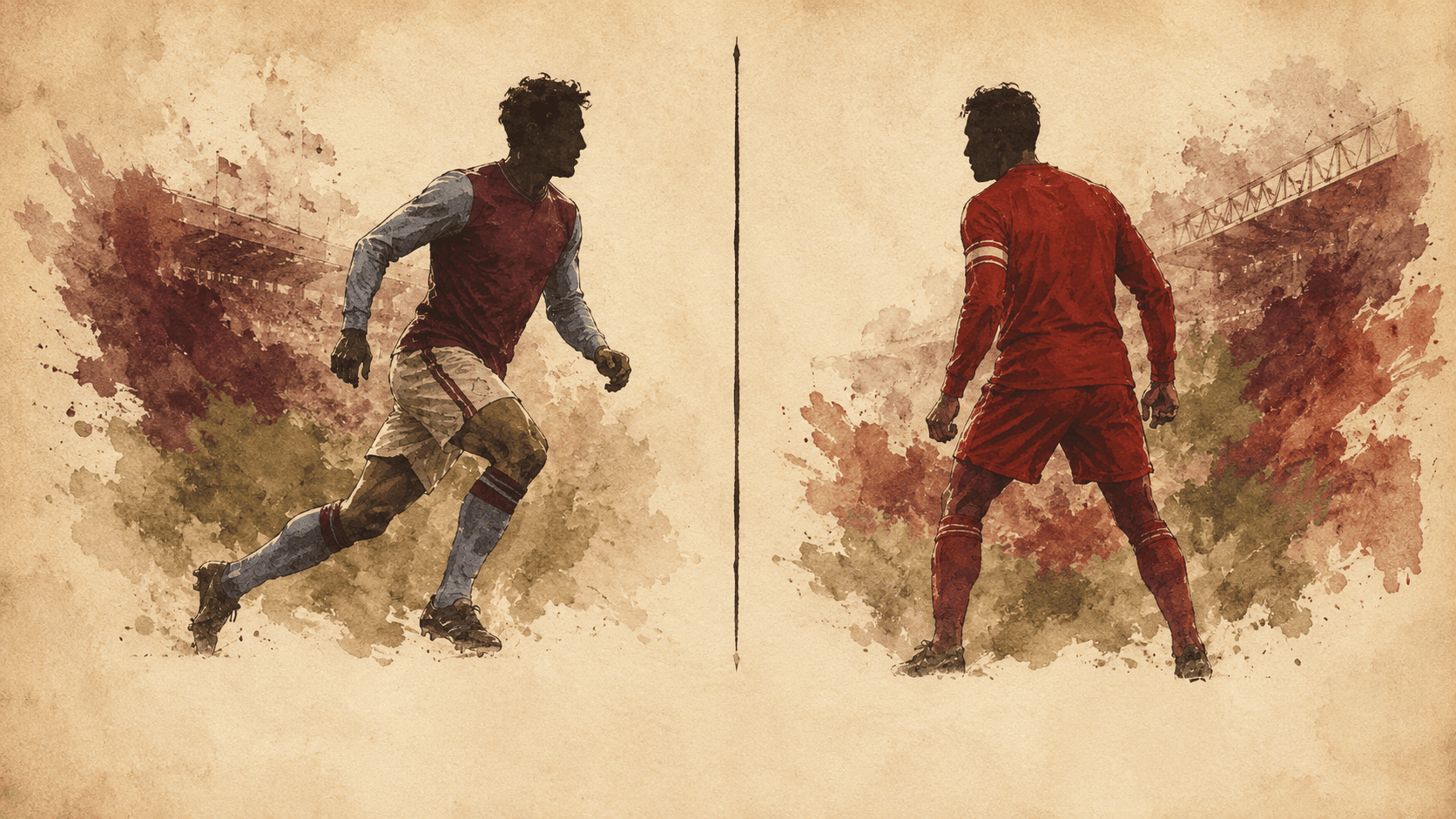 Watercolor portrait pair — Ollie Watkins in the Villa claret-and-blue and Virgil van Dijk in the Liverpool home red, facing each other across the centre line