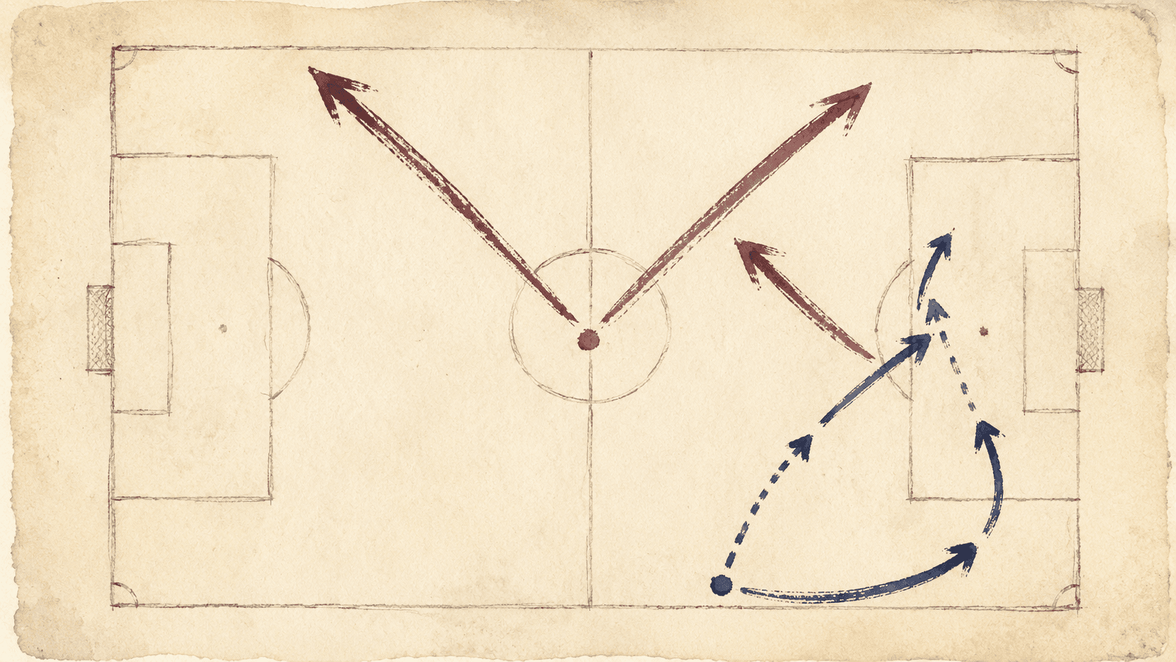 Top-down watercolor pitch — Villa-claret arrows mapping Watkins' diagonal runs and Rogers' inside drifts; Liverpool-red arrows mapping Salah's cuts and Mac Allister's third-man combinations through the right half-space