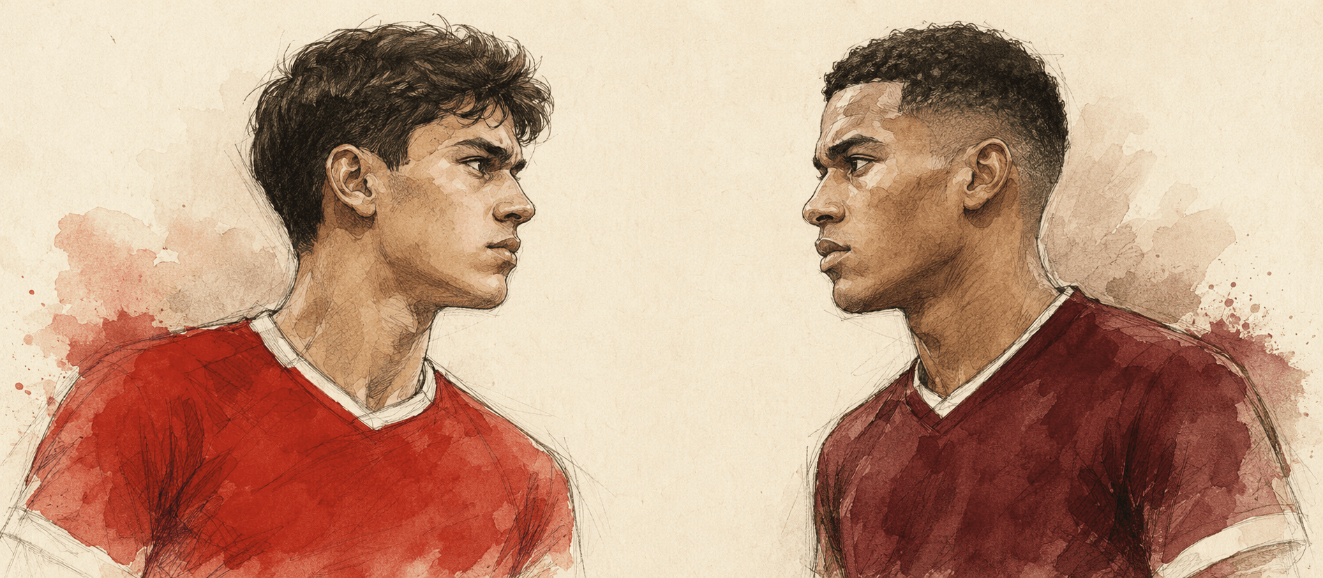 Watercolor portrait pair — Arsenal player in red and West Ham player in claret facing each other