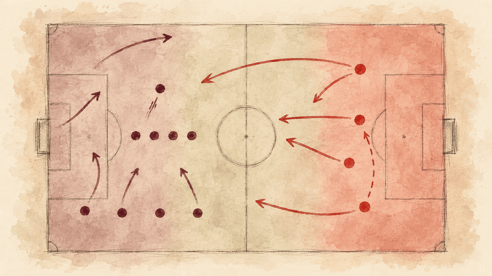 Top-down watercolor pitch — claret arrows mapping West Ham counter-attacks on the left, Arsenal-red arrows showing the right-side overload attacking the West Ham goal